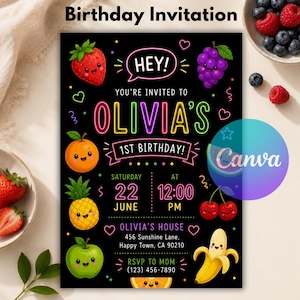 May include: A black birthday invitation card featuring neon-style text and colorful cartoon fruit characters with faces. The text reads Olivia's 1st Birthday, Saturday June 22 at 12:00 PM, and includes an address at 456 Sunshine Lane, Happy Town, CA 90210.