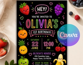 Dancing Fruit Birthday Invitation, Editable Kawaii Party Invite, Hey Bear Sensory Birthday Canva Template Boy Girl Instant Download
