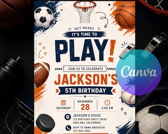 Sports Birthday Invitation, Printable All Star Multi Sport Kids Party Invite, It's Game Time Birthday Card, Editable Canva, Instant Download