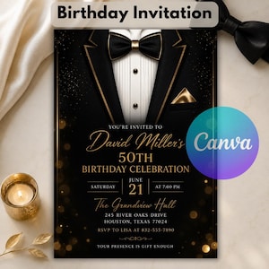 May include: A black and gold birthday invitation card featuring a tuxedo graphic with a bow tie, white shirt front, and pocket square. The text reads: David Miller's 50th Birthday Celebration, Saturday June 21 at 7:00 PM, The Grandview Hall, Houston.