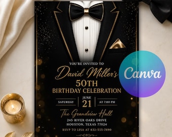 Tuxedo Birthday Invitation, Black Tie Formal Party Invite, Elegant Adult Birthday, Any Age Canva Template, Black Gold Printable Download