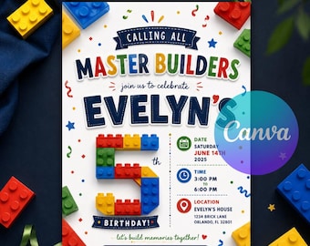 5th Building Block Birthday Invitation, Editable Bricks Party Invite, Master Builder Boy Birthday Canva Template Instant Download Card