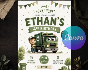 Trash Truck Birthday Invitation, Garbage Truck Party Invite, Dump Truck Birthday, Recycling Theme Editable Canva Template Instant Download