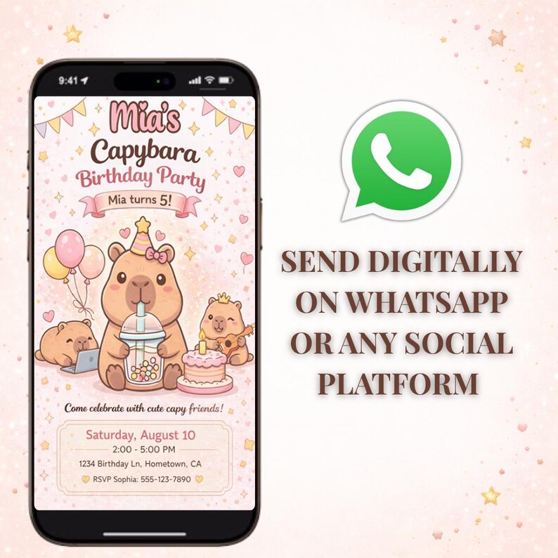 Capybara Birthday Invitation | Canva Editable Kawaii Capybara Invitation Template | Cute Pink Capy Kids Invite | Printable Instant Download image 3