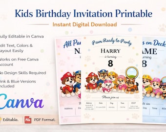 Canva Editable Paw-ty Birthday Invitation Template | Puppy Patrol Pup Crew | Boys & Girls Blue/Pink | Printable Instant Digital Download PDF