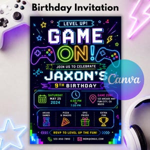 Video Game Birthday Invitation, Editable Neon Gamer Party Invite, Level Up Arcade Canva Template, Boy Glow Game On Card, Instant Download