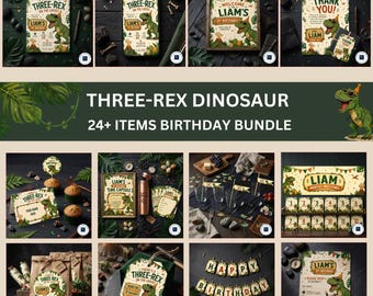 Three Rex Birthday Bundle, Dinosaur 3rd Birthday Party Decor, Dino Invitation Package, Jurassic 24+ Editable Canva Templates Download