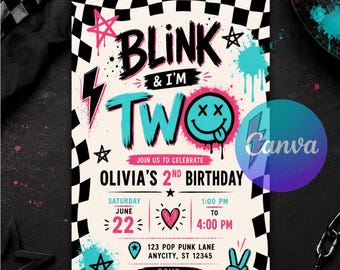 Blink and I’m Two Birthday Invitation, Pop Punk Party, 2nd Birthday Invite, Pink Checkered Smiley, Editable Canva Template, Digital Download