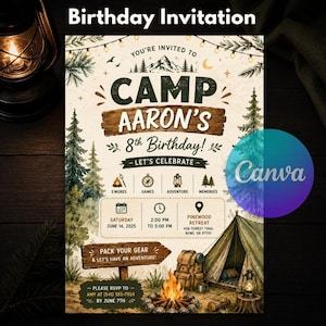 May include: A camping-themed birthday invitation with a rustic design. The invitation includes a campfire, tent, and backpack, with the text "Camp Aaron's 8th Birthday!" and event details. The design has a vintage aesthetic with a wooden sign.
