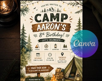 Camping Birthday Invitation, Editable Woodland Camp Out Party Invite, Backyard Bonfire Smores Sleepover Canva Template Instant Download
