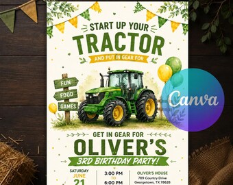 Green Tractor Birthday Invitation, Ranch Theme Party Invite, Tractor Birthday Party,Printable Farm Vehicles Canva Template, Instant Download