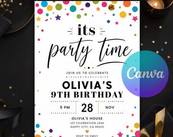 Confetti Birthday Invitation, Colorful Party Invite, Modern Rainbow Sprinkles Any Age Birthday, Editable Canva Template Instant Download