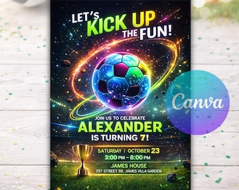 Canva Editable Soccer Birthday Invitation, Neon Soccer Invitation, Kids Football Party Invite, Sports Theme Template, Instant Download PDF