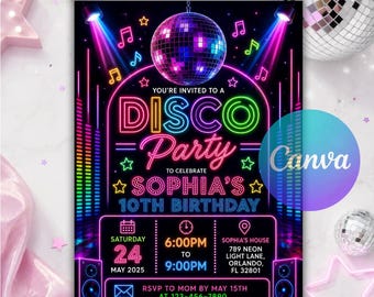 Disco Party Birthday Invitation, Any Age Disco Dance Party Invite, Neon Glow Kids Birthday Editable Canva Template Instant Download