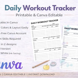 Editable Canva Workout Tracker Printable | Daily Exercise Log & Fitness Results Planner, Progress Tracker | Instant Digital Download PDF