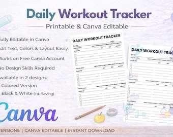 Editable Canva Workout Tracker Printable | Daily Exercise Log & Fitness Results Planner, Progress Tracker | Instant Digital Download PDF