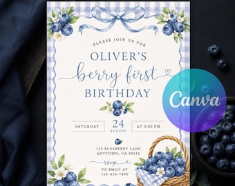 Blueberry First Birthday Invitation, Berry First Birthday Invite, Blue Gingham Baby Boy 1st Birthday Canva Template Instant Download