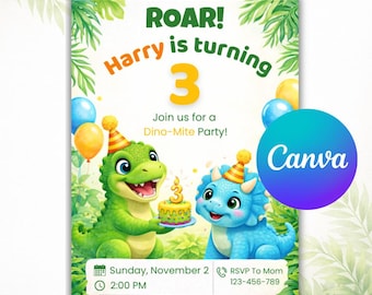 Canva Editable Dinosaur Birthday Invitation for Kids | Printable Dinosaur Invite Card | Cute Dinosaur Theme Child Party | Instant Download