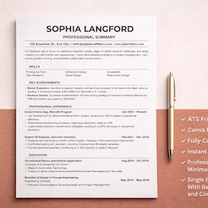 May include: A resume template with the name SOPHIA LANGFORD at the top, detailing professional experience, skills, and key achievements. A gold pen is positioned on the right. The resume includes the text "ATS Friendly", "Canva Editable", and "Instant Download".