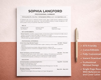Canva Editable ATS Internship Resume Template PDF | Modern Minimalist Simple | Reference Page and Cover Letter | Instant Download Printable