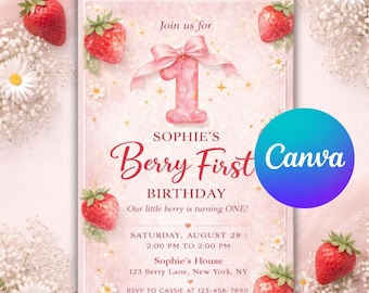 Canva Editable Berry First Birthday Invitation | Strawberry 1st Birthday Invite | Printable Girl First Birthday Template | Instant Download