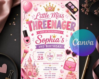 Little Miss Threenager Birthday Invitation, Pink Spa Makeup Fashion Party Invite, 3rd Birthday Editable Canva Template Instant Download
