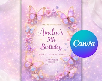 Butterfly Birthday Invitation | Pink & Purple Printable Birthday Invite | Any Age Girl Party Canva Editable Template | Instant Download