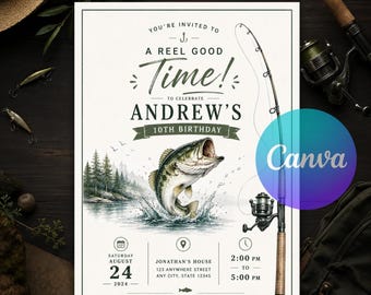 Fishing Birthday Invitation, Reel in the Fun Invite, Editable Fish Theme Canva Template, Gone Fishing Boy Party Card, Instant Download
