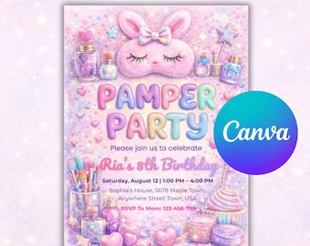 Pamper Party Birthday Invitation | Spa Sleepover Girls Party Invite | Canva Editable Pink Pastel Glitter Template | Instant Download & Print