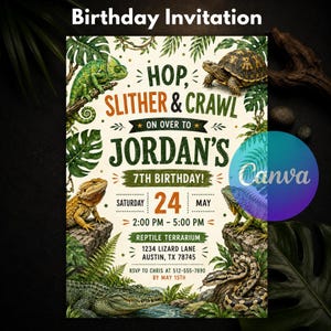 May include: A birthday invitation with a reptile theme. The invitation features a green chameleon, a tortoise, a lizard, and a snake. Text includes "Hop, Slither & Crawl" and "Jordan's 7th Birthday!" with event details.