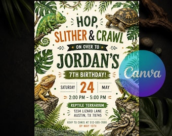 Reptile Birthday Invitation, Editable Slither, Hop & Crawl Party Invite, Lizard Snake Nature Theme, Boy Zoo Birthday Canva Template Download