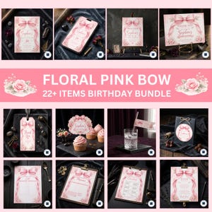 May include: A digital birthday party bundle featuring a floral pink bow theme, including printable invitations, thank you tags, cupcake toppers, checklists, planners, and signage, all decorated with soft pink roses and ribbons.