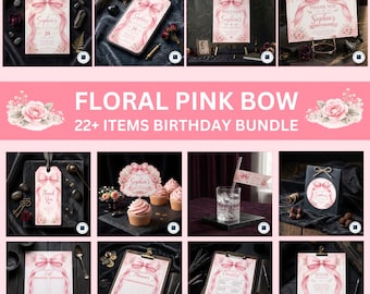Floral Pink Bow Birthday Invitation Bundle, Coquette 1st Birthday Party Decor, Girls Just Wanna Be One, 22 Editable Canva Templates Download