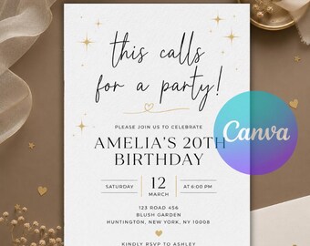 This Calls for a Party Birthday Invitation, Let's Celebrate Invite, Minimalist Adult Party Card, Canva Editable Template, Instant Download