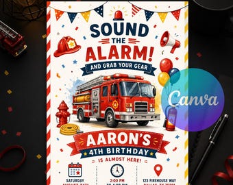 Fire Truck Birthday Invitation, Editable Firefighter Fire Engine Party Invite, Sound The Alarm Boy Birthday Canva Template, Instant Download