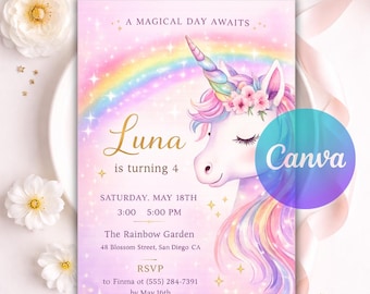 Canva Editable Unicorn Birthday Invitation | Magical Rainbow Girls Party Invite | Any Age Pastel Template | Printable Instant Download