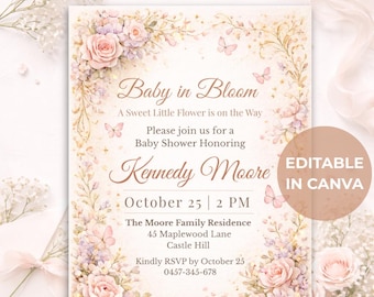 Canva Editable Baby in Bloom Invitation | Floral Baby Shower Invitation Template | Wildflower Printable Invite | Instant Digital Download