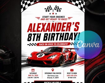 Race Car Birthday Invitation, Racing Party Invite, Formula One Checkered Flag Boys Birthday, Editable Canva Template Instant Download