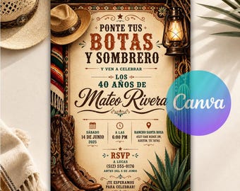 Spanish Mexican Cowboy Birthday Invitation, Vaquero Western Fiesta Party, Rustic Adult Man Invite, Editable Canva Template, Digital Download