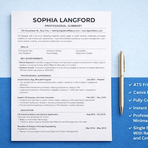 Peut inclure: Un modèle de CV professionnel avec le nom SOPHIA LANGFORD en haut. Le CV comprend des sections pour le résumé professionnel, les compétences, les principales réalisations, l'expérience professionnelle et l'éducation. Un stylo doré repose sur le côté droit du CV. Le fond est bleu.