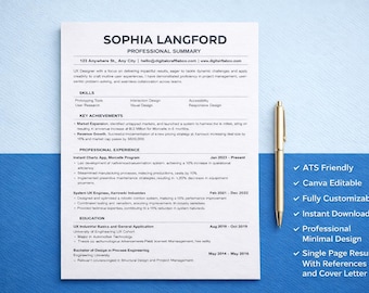 Canva Editable Clean Minimalist Resume Template | Creative CV Template Bundle | Reference and Cover Letter | Instant Download Printable PDF
