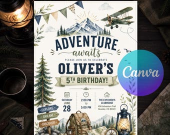 Adventure Awaits Birthday Invitation, Travel Explorer Outdoor Party Invite, Mountain Camping Canva Template Instant Download Printable