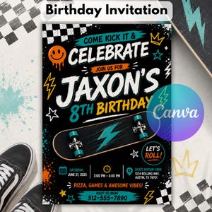 Skateboard Birthday Invitation, Skate Park Party Invite, Retro Checker Smiley Face, Graffiti Boy Birthday, Instant Editable Canva Template