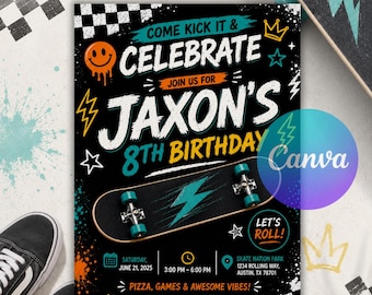 Skateboard Birthday Invitation, Skate Park Party Invite, Retro Checker Smiley Face, Graffiti Boy Birthday, Instant Editable Canva Template