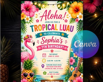 Aloha Tropical Birthday Invitation, Hawaiian Luau Party Invite, Pineapple Summer Beach Theme, Editable Canva Template Instant Download PDF