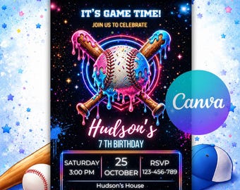 Baseball Drip Birthday Invitation | Baseball Ice Cream Neon Party Template | Canva Editable Boys Sports Party Invite | Instant Download