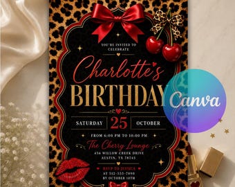 Cheetah Cherries Birthday Invitation, Leopard Print Cherry Bow Coquette Party, Glam Girls Night Out Canva Editable Template Instant Download