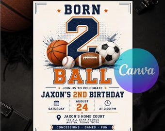 Born Two Ball Birthday Invitation, Sports 2nd Birthday Invite, Basketball Football Soccer Baseball, All Star Sports, Editable Canva Template