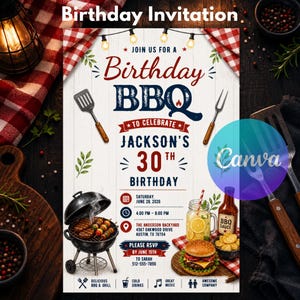 May include: A birthday BBQ invitation for Jackson's 30th birthday on June 28, 2026, at 4:00 PM. The design features a grill, spatula, fork, burger, and drink, with text including the date, time, location, and RSVP details for Sarah at 512-555-7890.