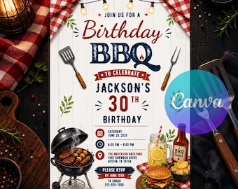 BBQ Birthday Invitation, Grill and Chill Party Invite, Backyard Barbecue Cookout, Red Gingham Canva Template, Editable Instant Download